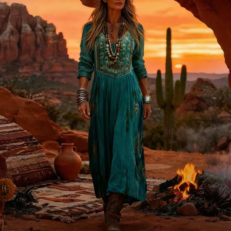 Ruby | Women's Elegant Embroidered V-Neck Bohemian Maxi Dress-Metro Lane Plaza