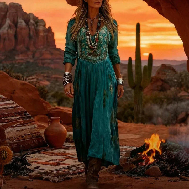 Ruby | Women's Elegant Embroidered V-Neck Bohemian Maxi Dress-Metro Lane Plaza