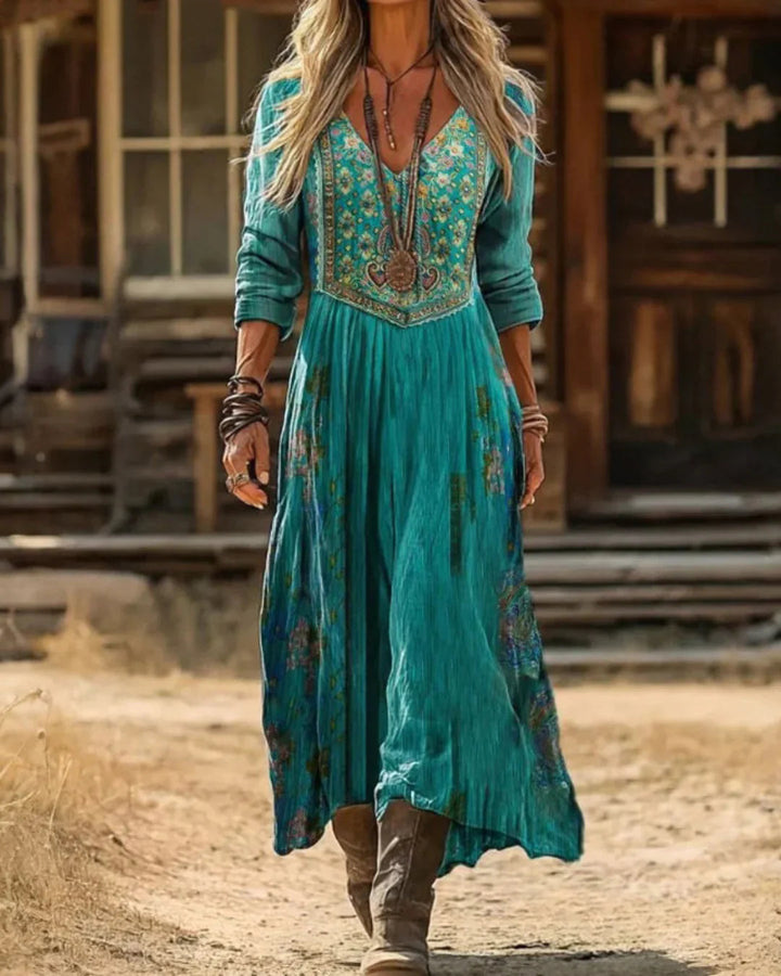 Ruby | Women's Elegant Embroidered V-Neck Bohemian Maxi Dress-Metro Lane Plaza