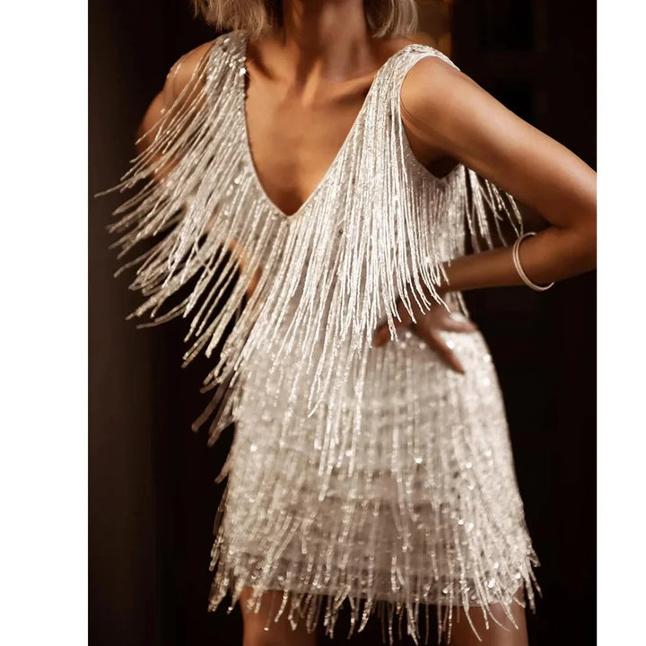 Women's Cocktail Dress with Fringe Feathers-Metro Lane Plaza