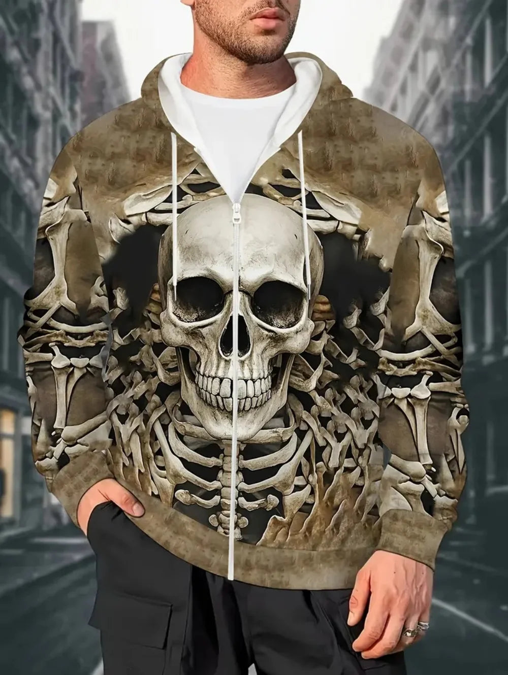 Herren-Hoodie mit 3D-Schädel-Print und Reißverschlusstasche für lässige Sportbekleidung