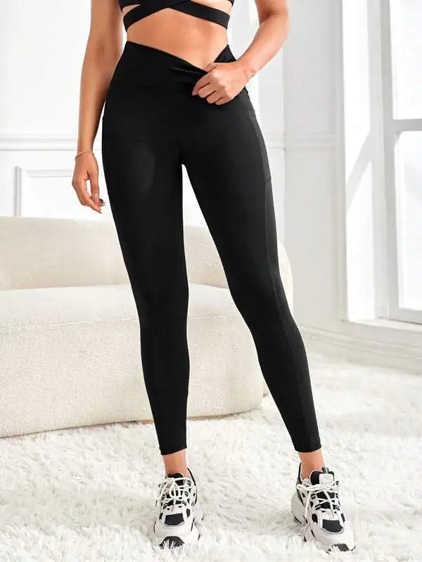 Ensfarvede sømløse yogaleggings med høj talje og lommer til kvinder