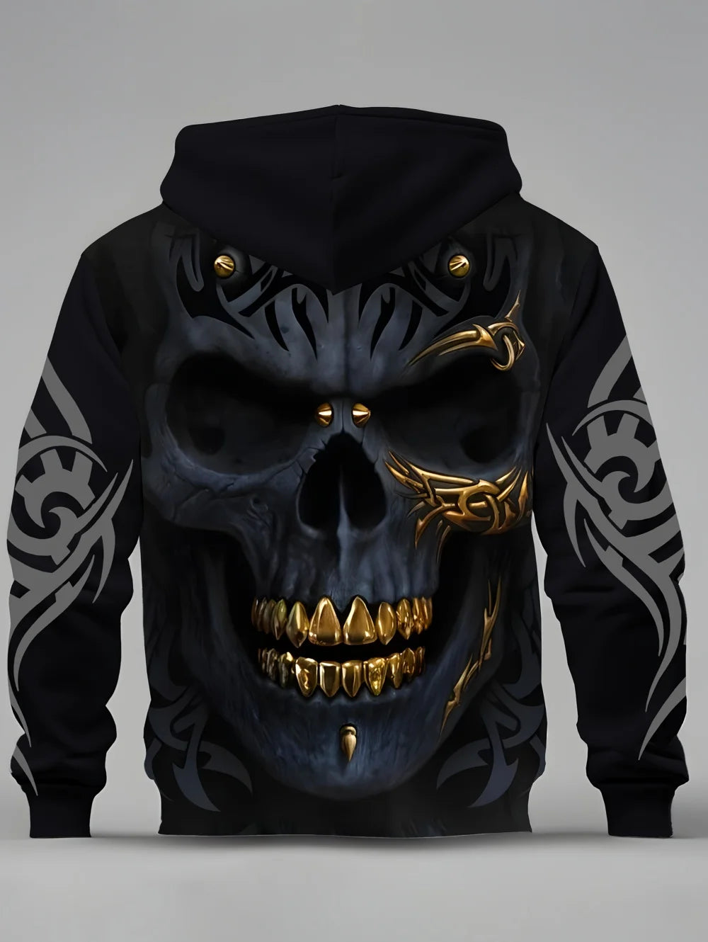 Herren-Hoodie mit 3D-Schädel-Print und Reißverschlusstasche für lässige Sportbekleidung
