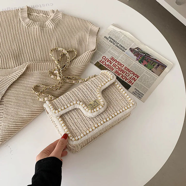 Madelaine | Women's Woven Handbag with Pearl Accents-Metro Lane Plaza