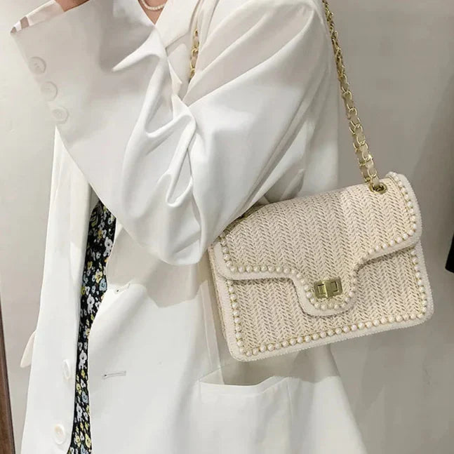 Madelaine | Women's Woven Handbag with Pearl Accents-Metro Lane Plaza