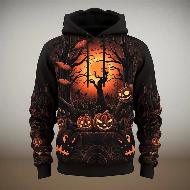 Camisola com capuz gráfica de abóbora de Halloween para homem — pulôver casual com impressão 3D