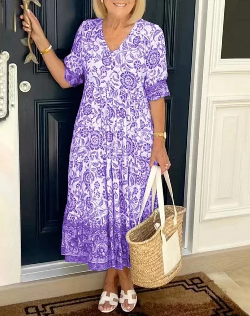 Athena | Women's Elegant V-Neck Floral Dress-Metro Lane Plaza