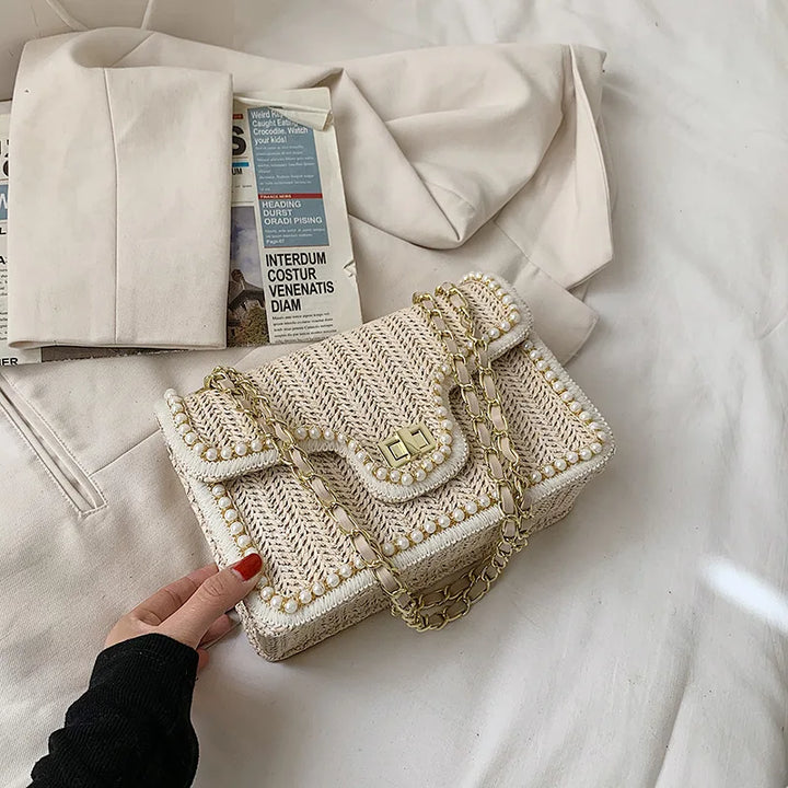 Madelaine | Women's Woven Handbag with Pearl Accents-Metro Lane Plaza