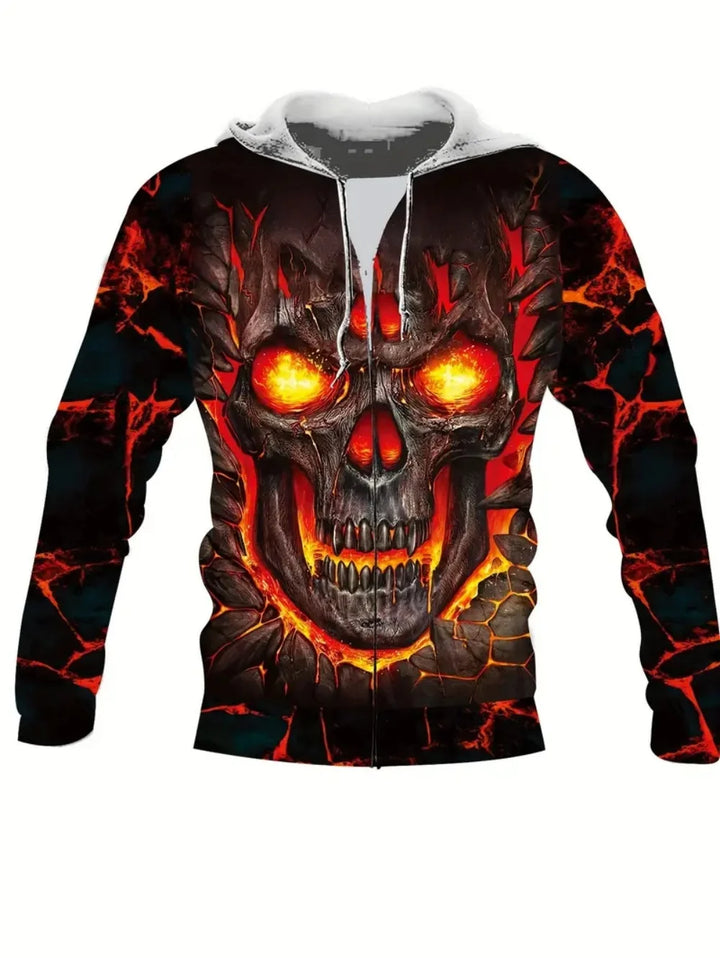 Herren-Hoodie mit 3D-Schädel-Print und Reißverschlusstasche für lässige Sportbekleidung