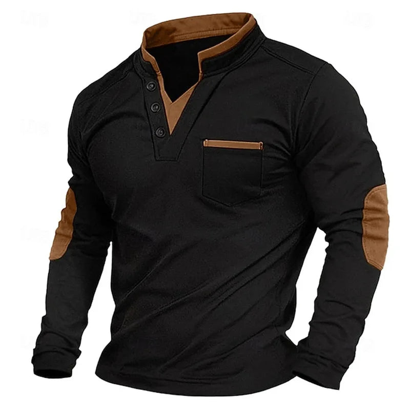 Herrenpullover mit langen Ärmeln, V-Ausschnitt und Henley-Knopfleiste
