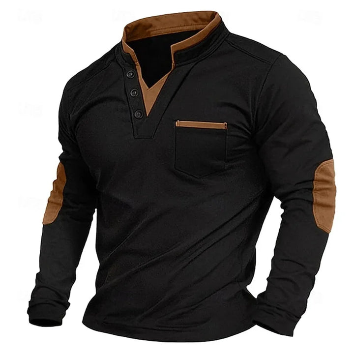 Herrenpullover mit langen Ärmeln, V-Ausschnitt und Henley-Knopfleiste