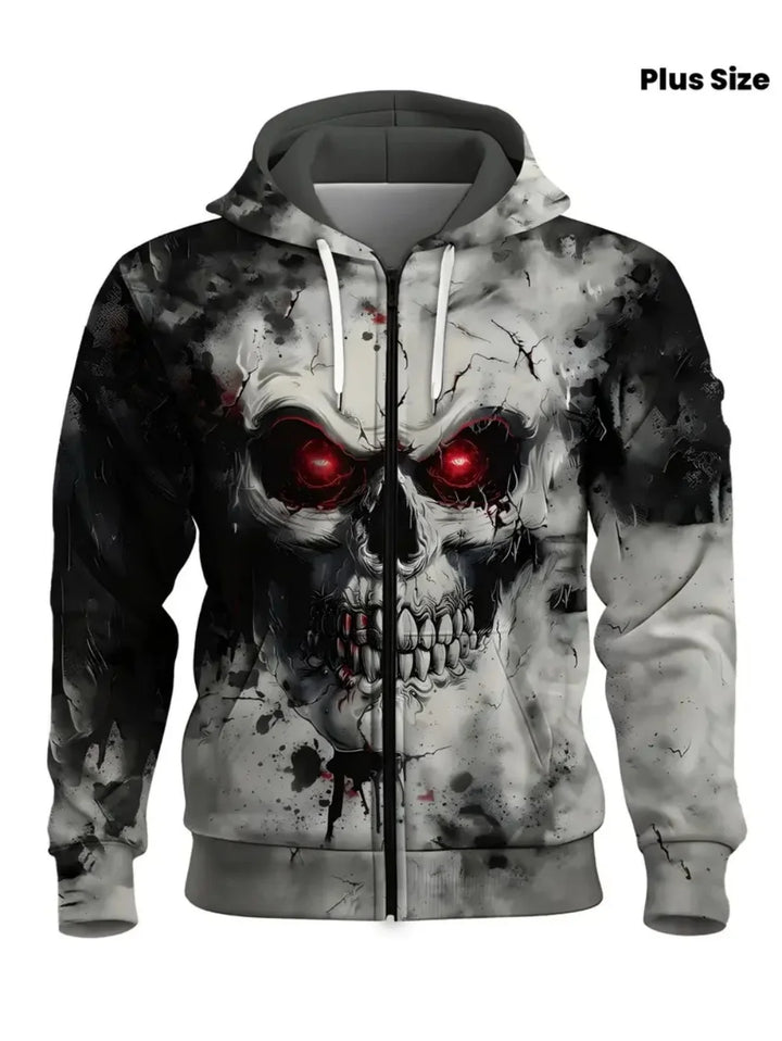 Herren-Hoodie mit 3D-Schädel-Print und Reißverschlusstasche für lässige Sportbekleidung