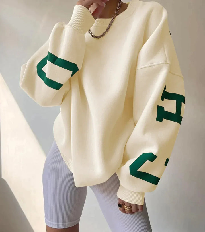 Oversize-Damen-Sweatshirt mit Rundhalsausschnitt und Ärmeln mit Grafikprint