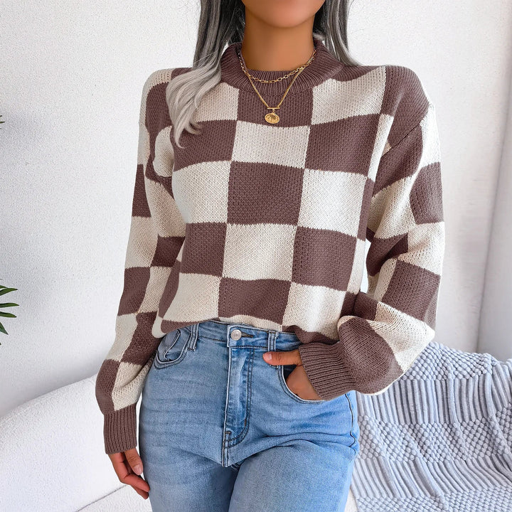 Maglione da donna a quadri in maglia viola