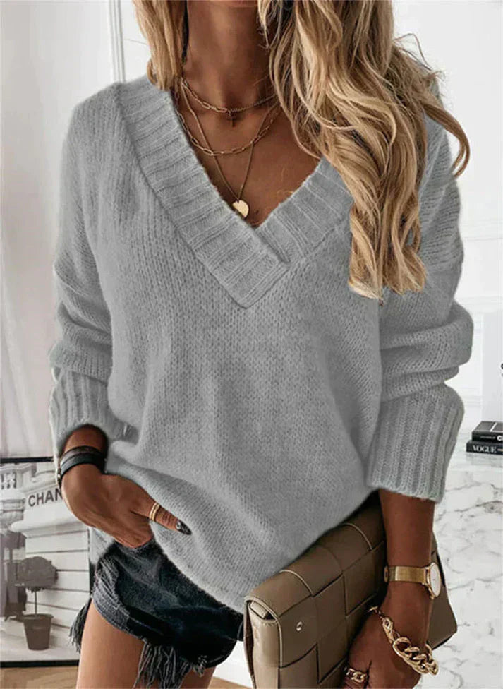 Women's Cozy Soft V-Neck Knit Sweater-Metro Lane Plaza