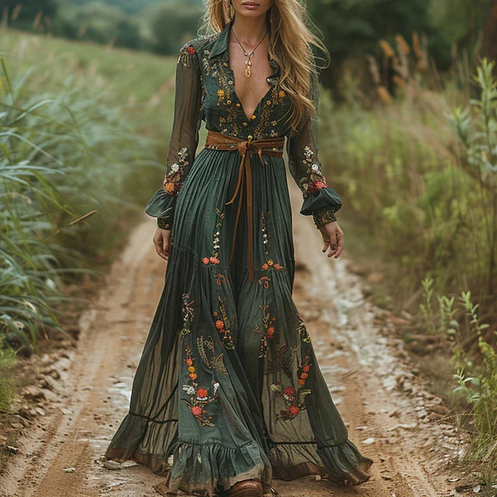 Women's Boho Floral V-Neck Maxi Dress in Flowing Style-Metro Lane Plaza