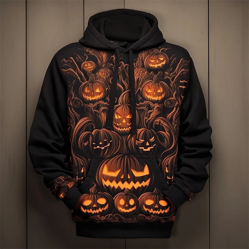 Camisola com capuz gráfica de abóbora de Halloween para homem — pulôver casual com impressão 3D