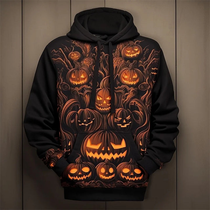 Camisola com capuz gráfica de abóbora de Halloween para homem — pulôver casual com impressão 3D