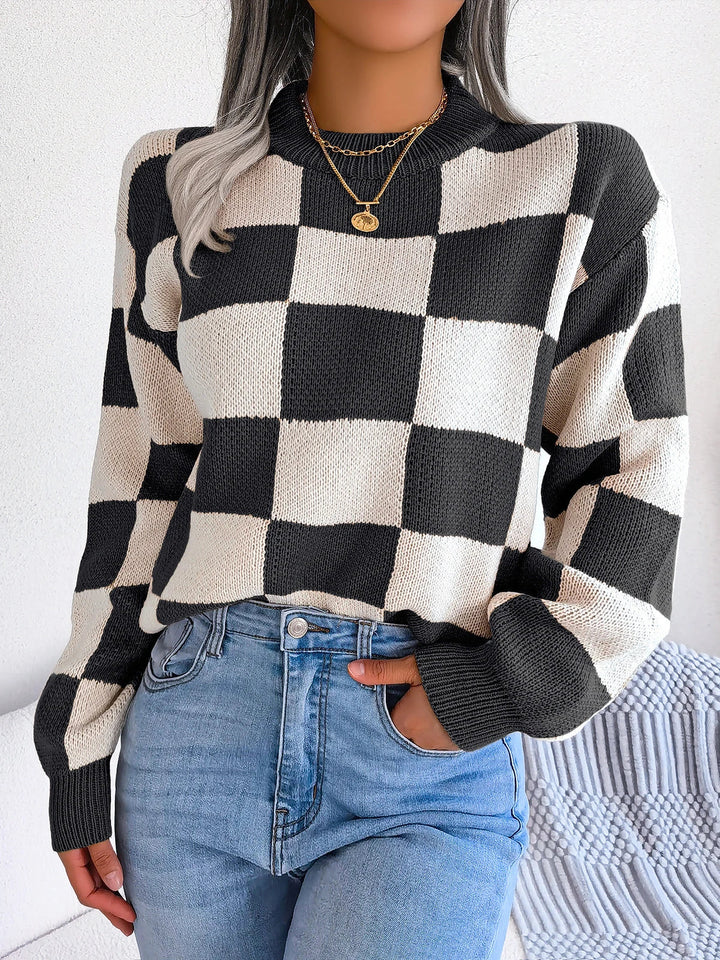 Maglione da donna a quadri in maglia viola