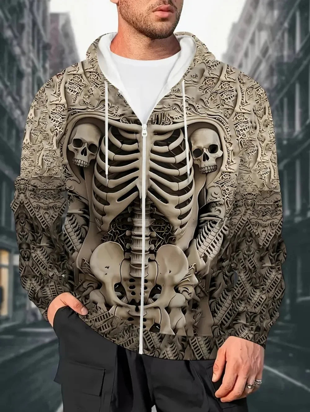 Herren-Hoodie mit 3D-Schädel-Print und Reißverschlusstasche für lässige Sportbekleidung