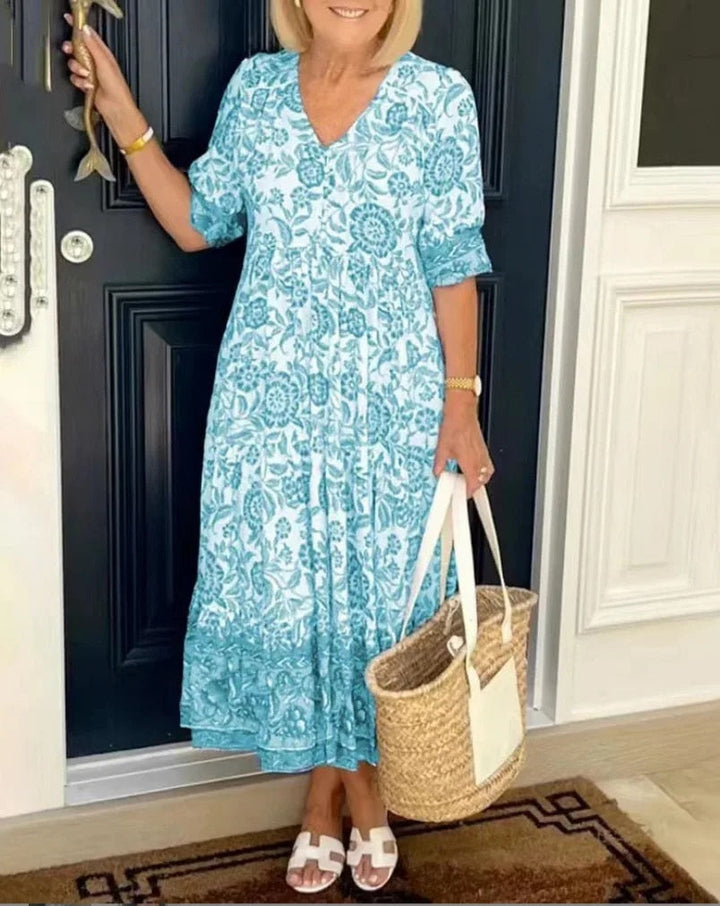 Athena | Women's Elegant V-Neck Floral Dress-Metro Lane Plaza