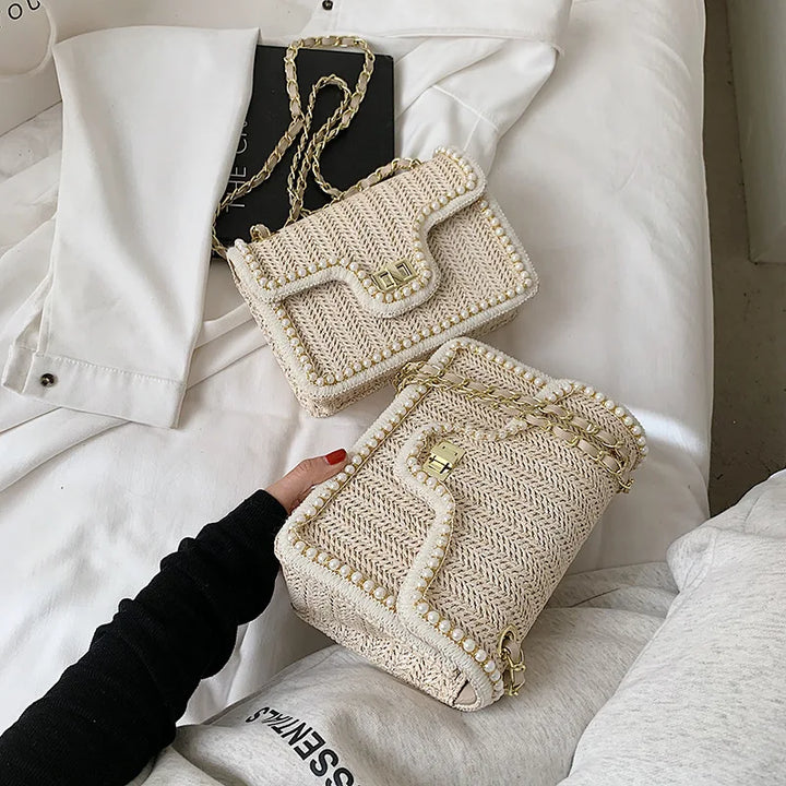 Madelaine | Women's Woven Handbag with Pearl Accents-Metro Lane Plaza
