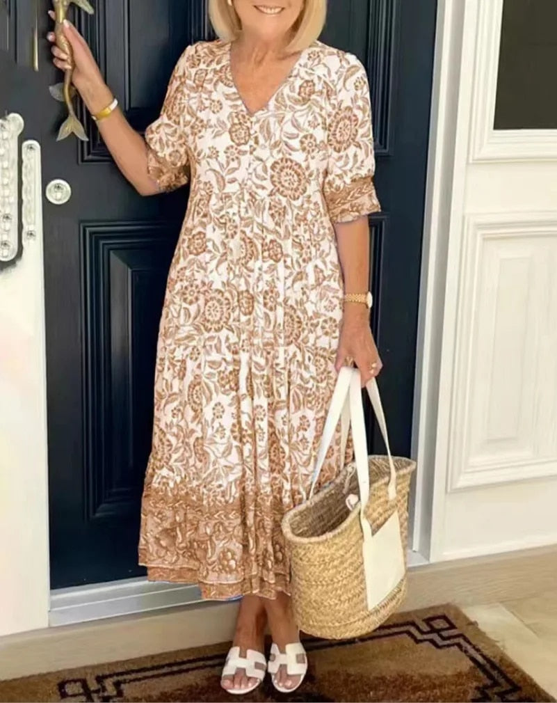 Athena | Women's Elegant V-Neck Floral Dress-Metro Lane Plaza