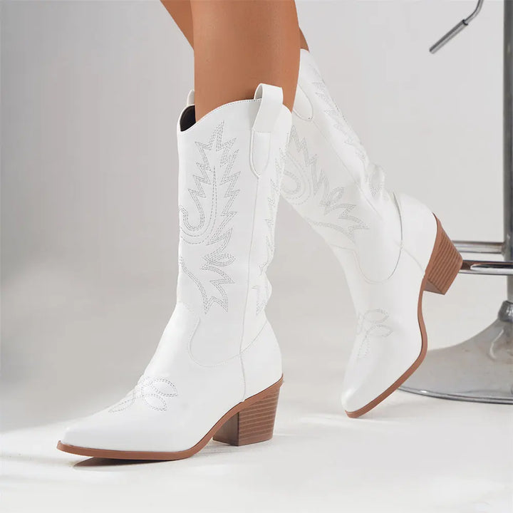 Botas vaqueras bordadas para mujer, de media caña y con tacón ancho