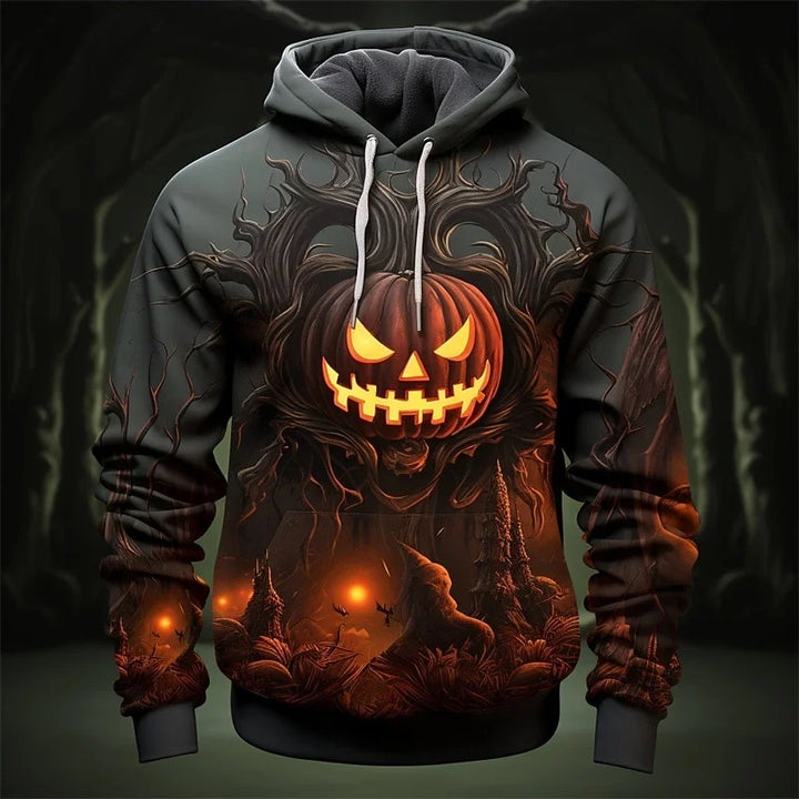 Camisola com capuz gráfica de abóbora de Halloween para homem — pulôver casual com impressão 3D