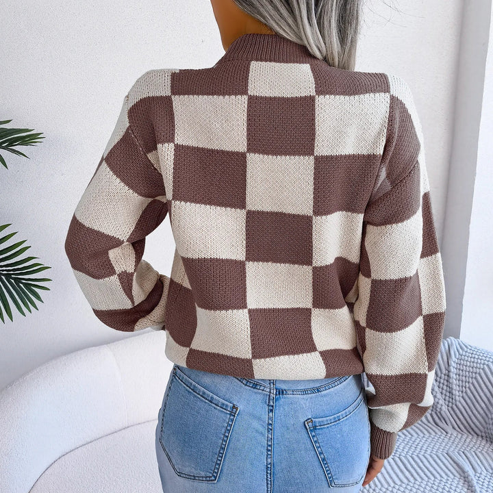 Maglione da donna a quadri in maglia viola