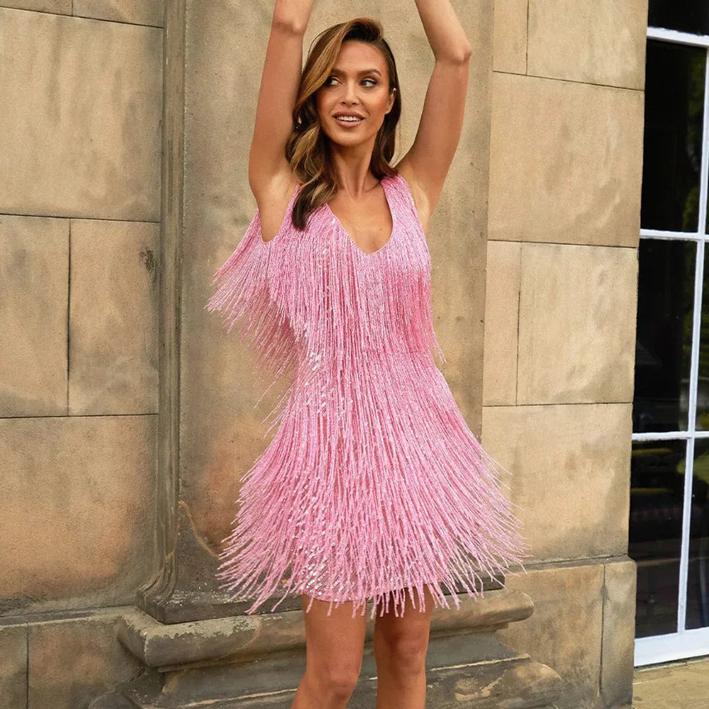 Women's Cocktail Dress with Fringe Feathers-Metro Lane Plaza