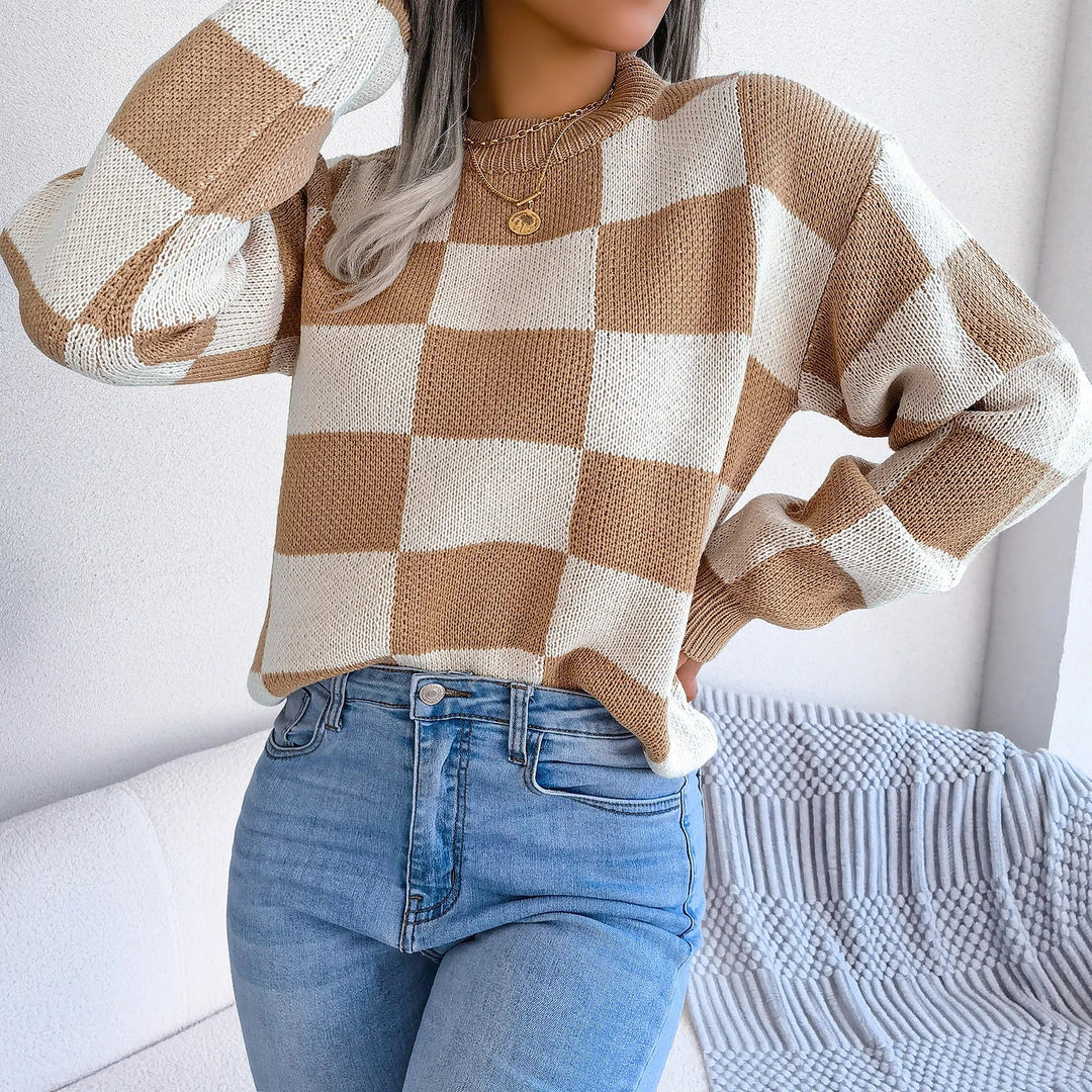 Maglione da donna a quadri in maglia viola