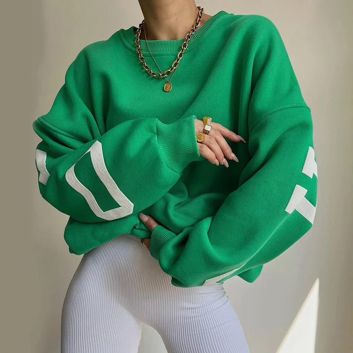 Oversize-Damen-Sweatshirt mit Rundhalsausschnitt und Ärmeln mit Grafikprint