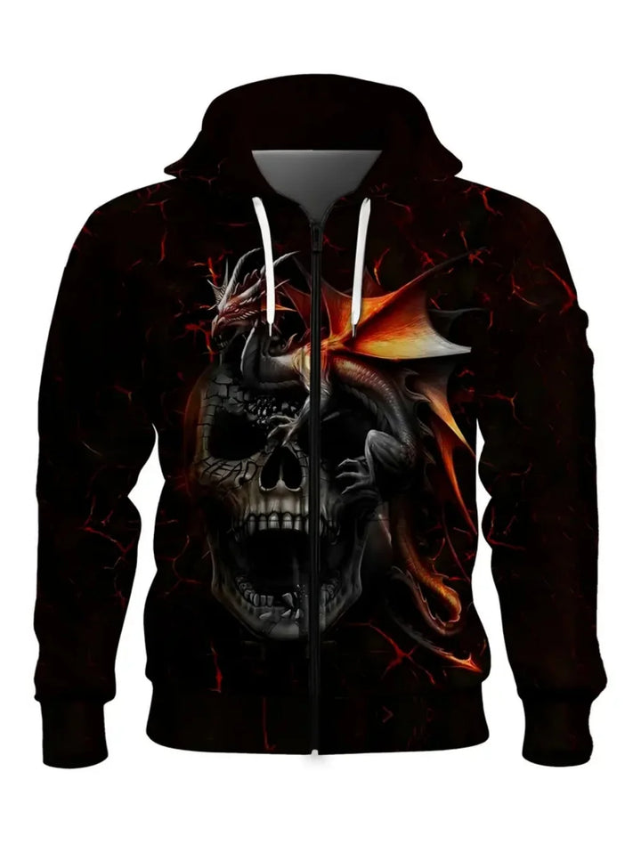 Herren-Hoodie mit 3D-Schädel-Print und Reißverschlusstasche für lässige Sportbekleidung