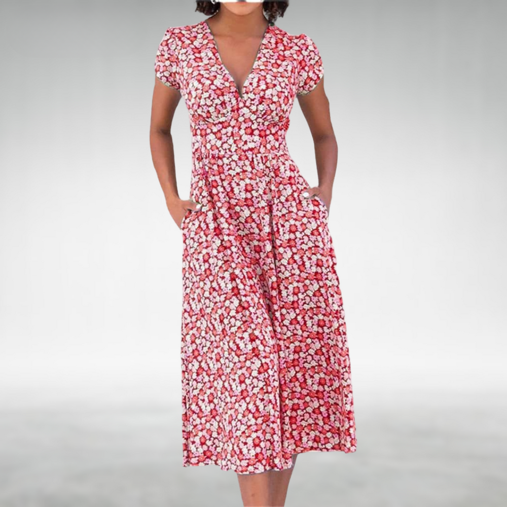 Melissa | Women's Elegant V-Neck Floral Midi Dress-Metro Lane Plaza