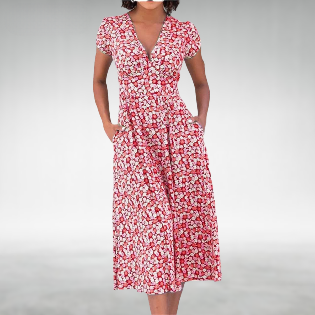 Melissa | Women's Elegant V-Neck Floral Midi Dress-Metro Lane Plaza