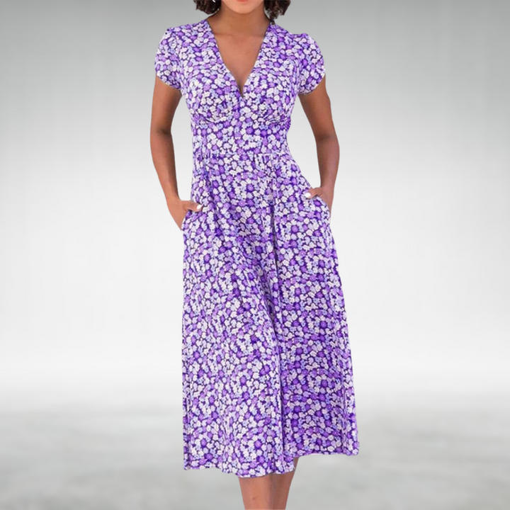 Melissa | Women's Elegant V-Neck Floral Midi Dress-Metro Lane Plaza