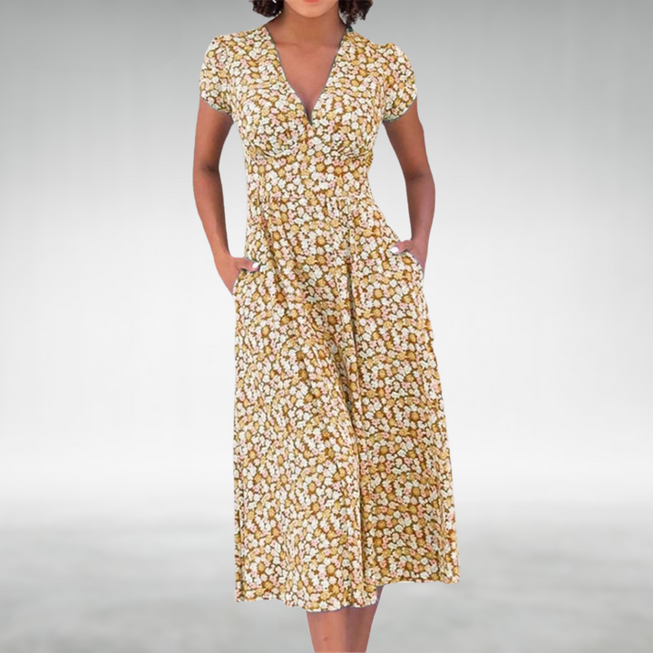 Melissa | Women's Elegant V-Neck Floral Midi Dress-Metro Lane Plaza