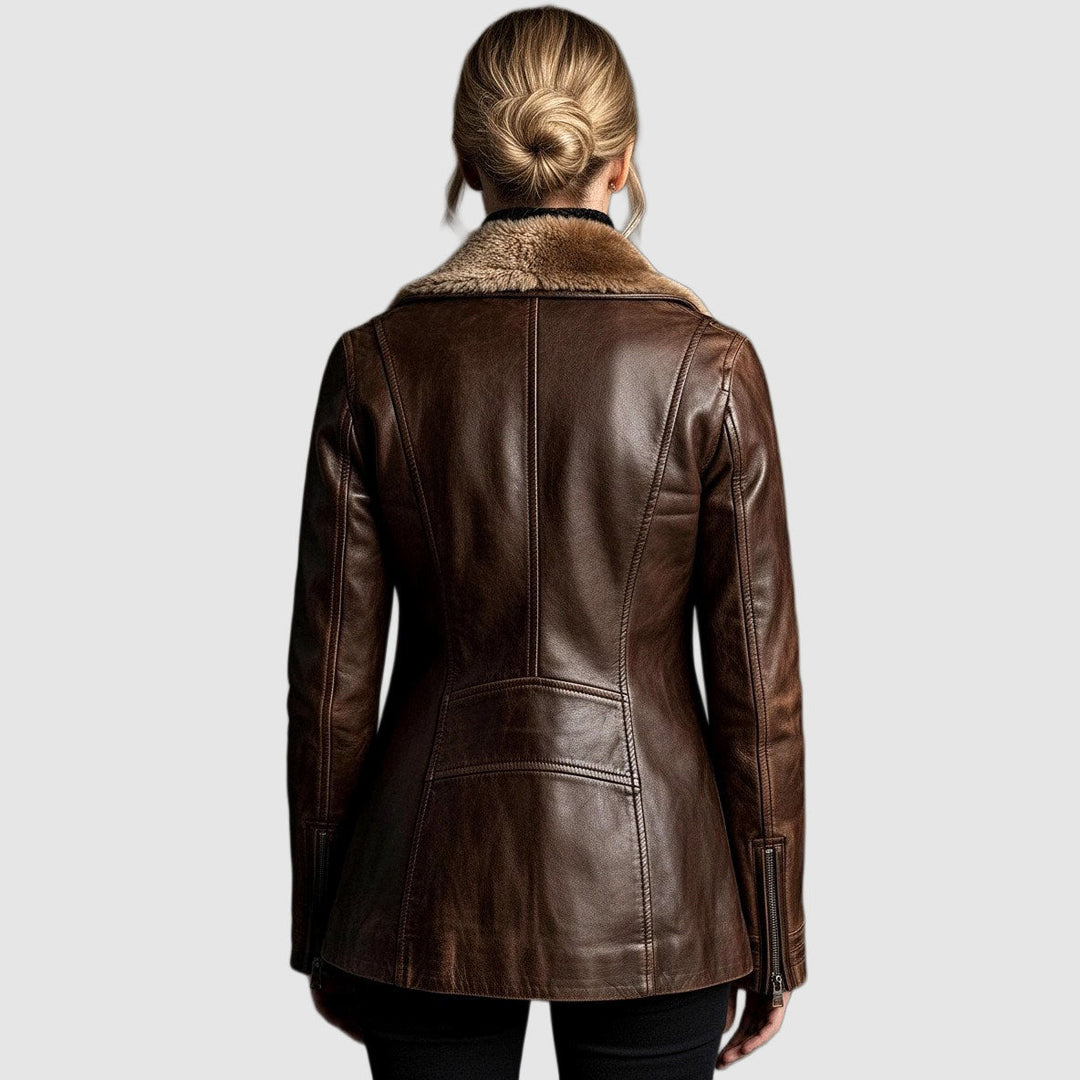 Chaqueta de cuero para mujer con cuello de piel de borreguito y cierre de cremallera
