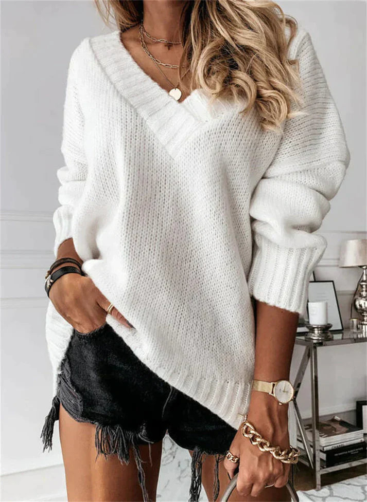 Women's Cozy Soft V-Neck Knit Sweater-Metro Lane Plaza