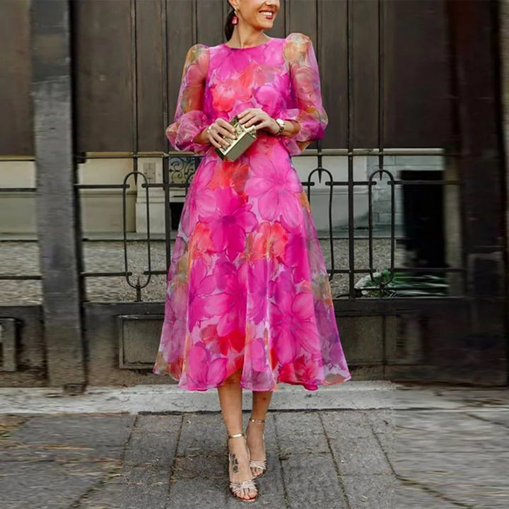 Sophia | Women's Floral Midi Dress with Sheer Puff Sleeves-Metro Lane Plaza