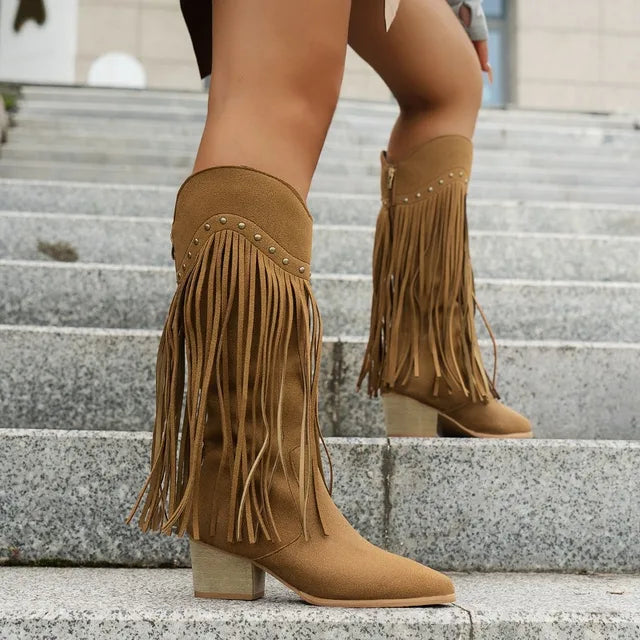 Women's Fringe Knee High Western Style Boots