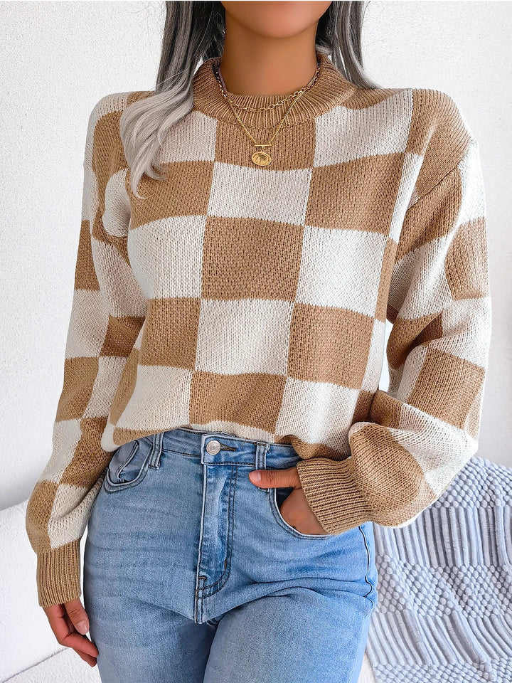 Maglione da donna a quadri in maglia viola