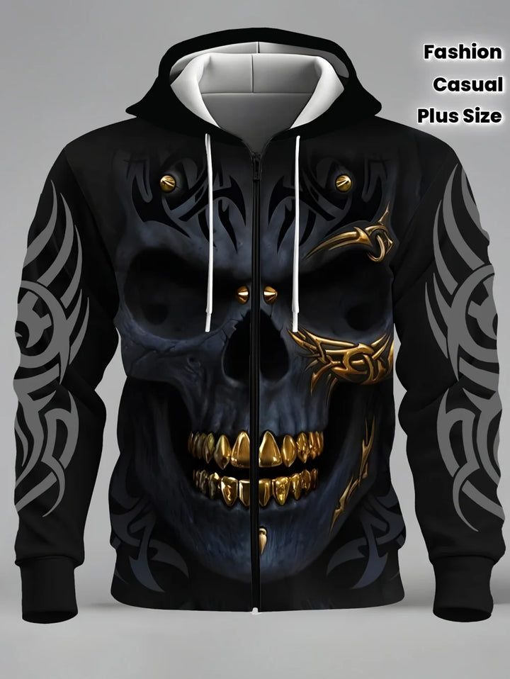 Herren-Hoodie mit 3D-Schädel-Print und Reißverschlusstasche für lässige Sportbekleidung