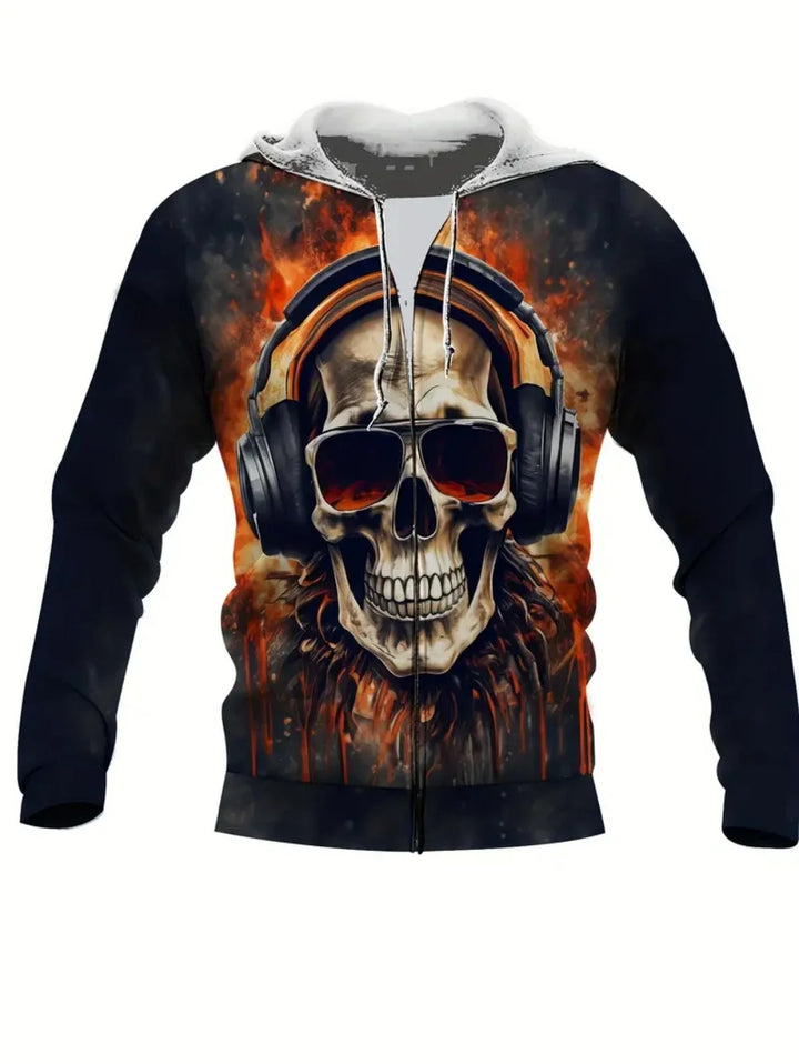 Herren-Hoodie mit 3D-Schädel-Print und Reißverschlusstasche für lässige Sportbekleidung