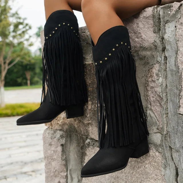 Women's Fringe Knee High Western Style Boots
