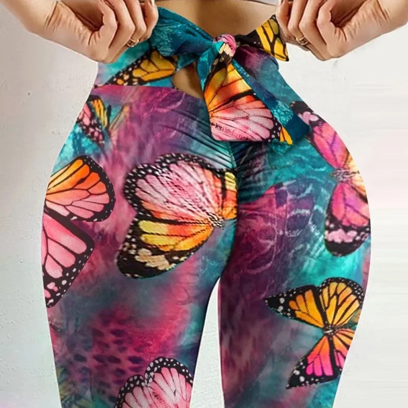 Yogaleggings med sommerfugleprint og høj talje til kvinder til fitness
