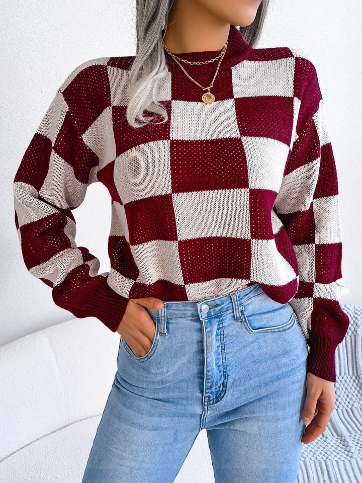 Maglione da donna a quadri in maglia viola