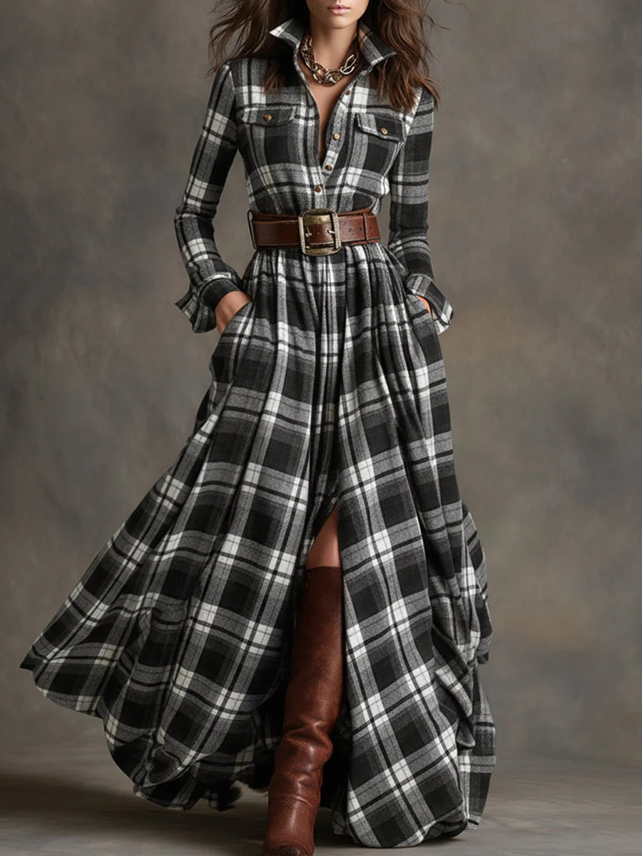 Scarlett | Women's Plaid Flared Maxi Dress-Metro Lane Plaza