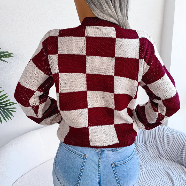 Maglione da donna a quadri in maglia viola